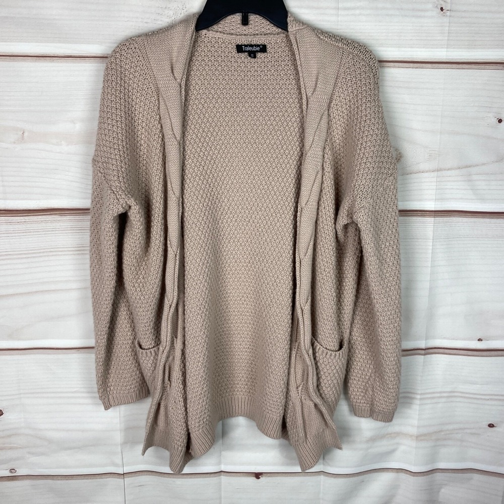 Traleubie Sweater Womens Small Beige Chunky Knit Cardigan Open Front Pocket Knit
